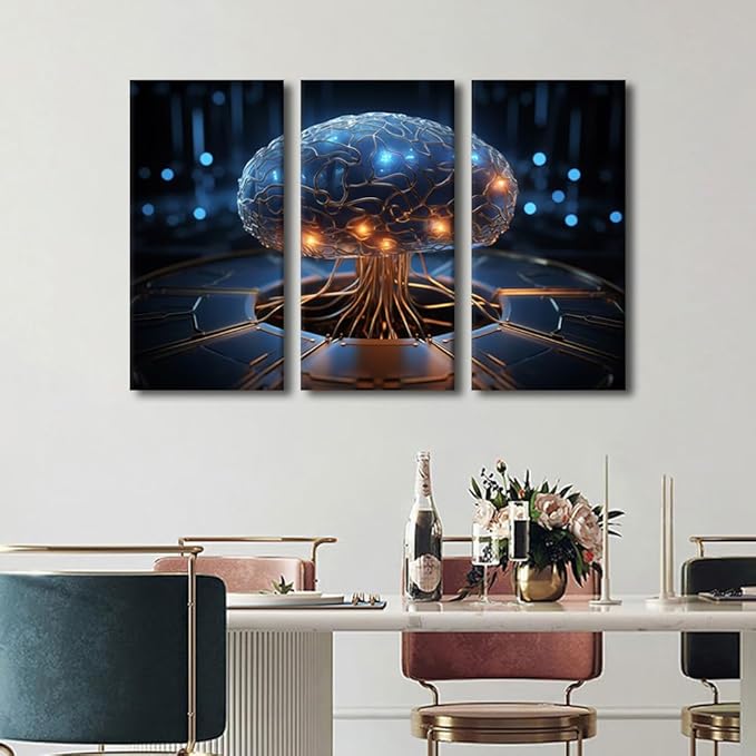 Concept Wall Decor Artificial Intelligence Pictures Posters 3 Pieces Robot Brain Wall Art for Home Decoration, AI Artwork Wooden Framed Gallery-Wrapped Ready to Hang, 36" Wx24 H