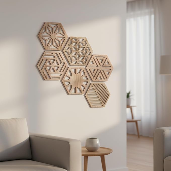 Ripeng 6 Pcs 11.8 Inch Boho Hexagon Wall Decor Farmhouse Wood Earthy Hexagon Wall Panels Modern Hollow Carved Design Rustic Abstract Decor for Living Room Kitchen Bedroom(6 Style)