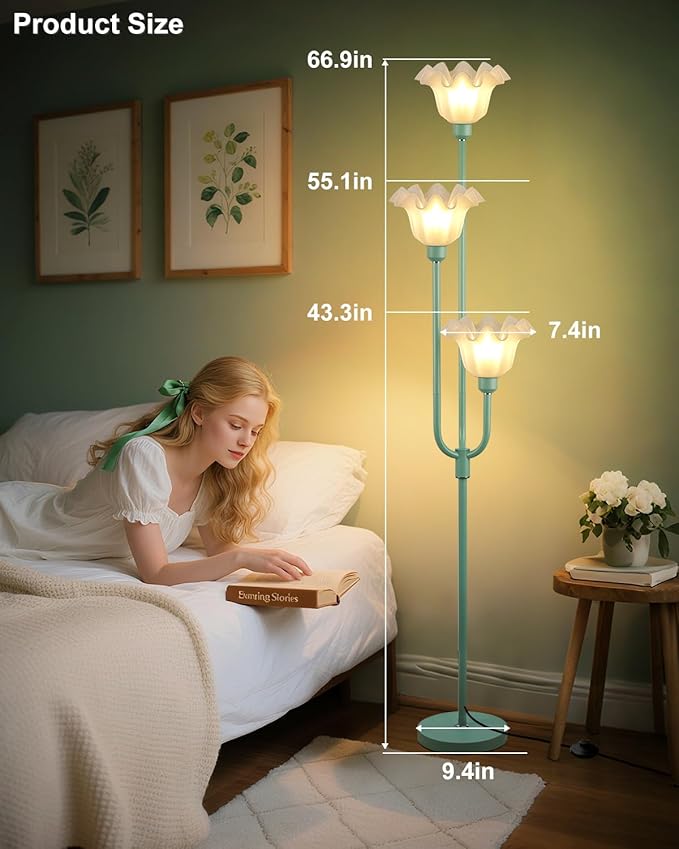 66'' Flower Floor Lamp for Living Room, Vintage Floral Floor Lamp with LED Bulbs, 3 Light 3000K Soft Warmwhite Mid Century Standing Tall Lamps for Bedroom/Sofa Beside/Corner Decor-Grey Green