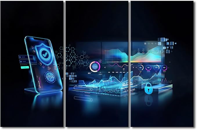 TUMOVO Multi Panel Canvas Wall Art Cyber Security and Data Protection Concept Pictures Print on Canvas Artwork for Home Office Wall Decorations Framed Ready to Hang, 60" Wx40 H