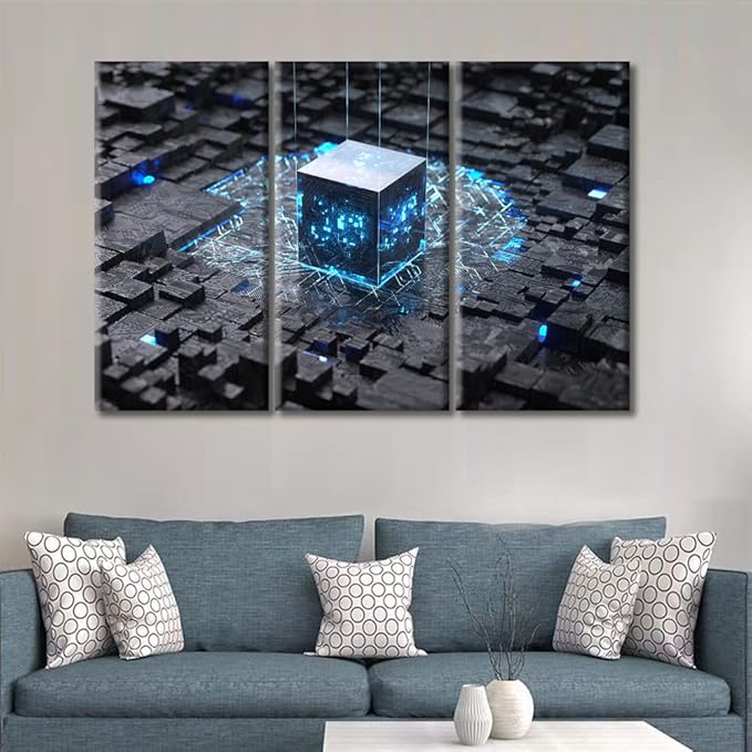 TUMOVO CPU Concept Poster Artwork Black and White Wall Art 3 Panels Computer Processors CPU Wall Decor Living Room CPU for Bedroom DecorFramed Ready to Hang (36" Wx24 H)