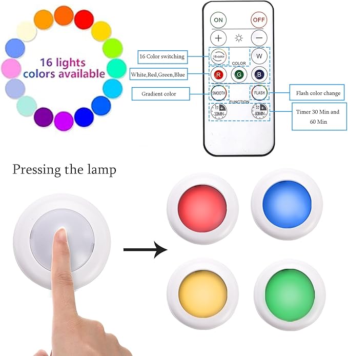 Hbaushun LED Puck Lights 12 Pack,16 Color Changeable Wireless LED Cabinet Lights,Battery Operated Night Light with Dimmer & Timmer for Bedroom,Closet, Kitchen,White