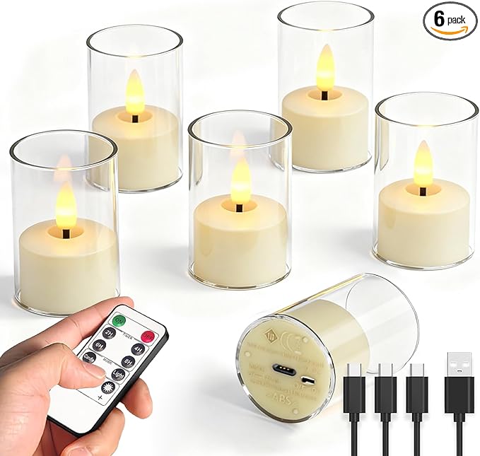 Rechargeable Acrylic Flameless Candles with Timer Control, Flickering Warm White Tealights, Ideal for Home Decor Weddings Parties, Restaurants(White,Set of 6)
