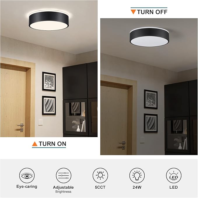 Dimmable Black LED Ceiling Light Fixture, 5CCT 2700 K-6000 K Modern Flush Mount Ceiling Light, Round Minimalist Lighting Fixture for Bedroom, Kitchen, Laundry Room, Hallway, 11.81 Inch