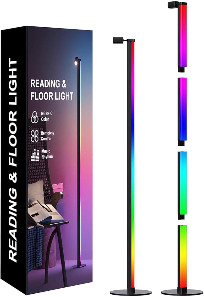 Reading RGB&IC Floor Lamp, Smart LED Floor Lamp with Music Sync 1000 Lumens Main Light & 100 Lumens Independent Reading Light 16 Million DIY Colors Black Standing Lamp for Living Room or Bedroom