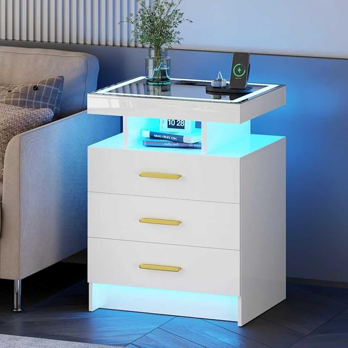 White Night Stand Set 2 with Wireless Charging Station,Smart Bedside Table with 3 Drawers,Modern Glass Top End Table with 3 Color Dimmable,LED Nightstand for Bedroom