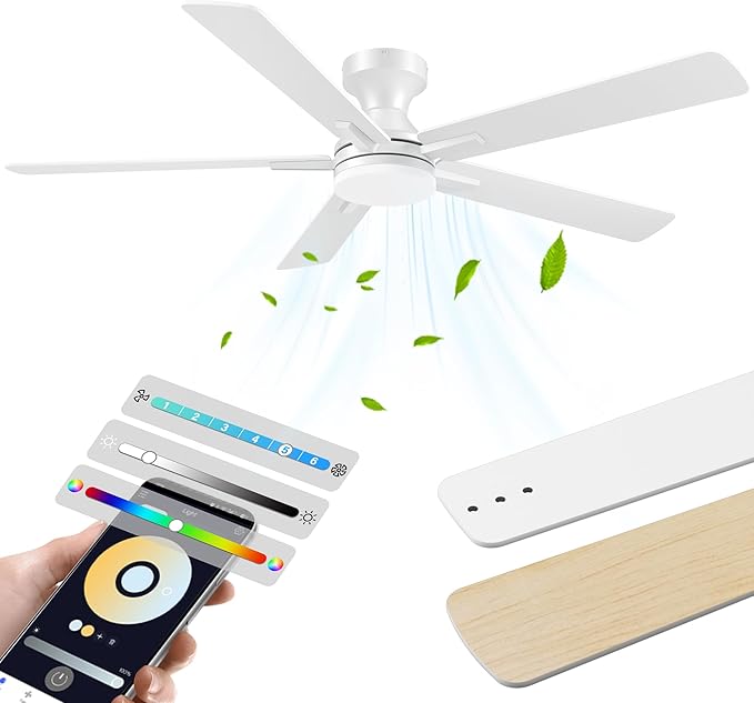 52 Inch Ceiling Fans with lights,RGB Low Profile Ceiling Fan with Light and Remote Control,APP,White Flush Mount Ceiling Fans for Modern Bedroom,Patio,Porch,Outdoor Indoor Use,Dimmable LED,6 Speed