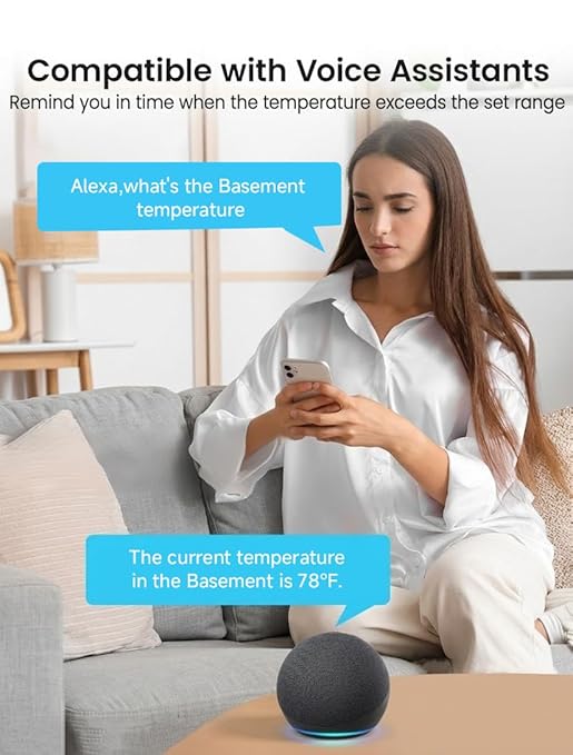 MOCREO WiFi Indoor Hygrometer Thermometer, 1640ft Long Monitor Range, Smart Remote Humidity Temperature Sensor with App Email Alert, 2-Year Free Data Export, for Room, Garage, Basements
