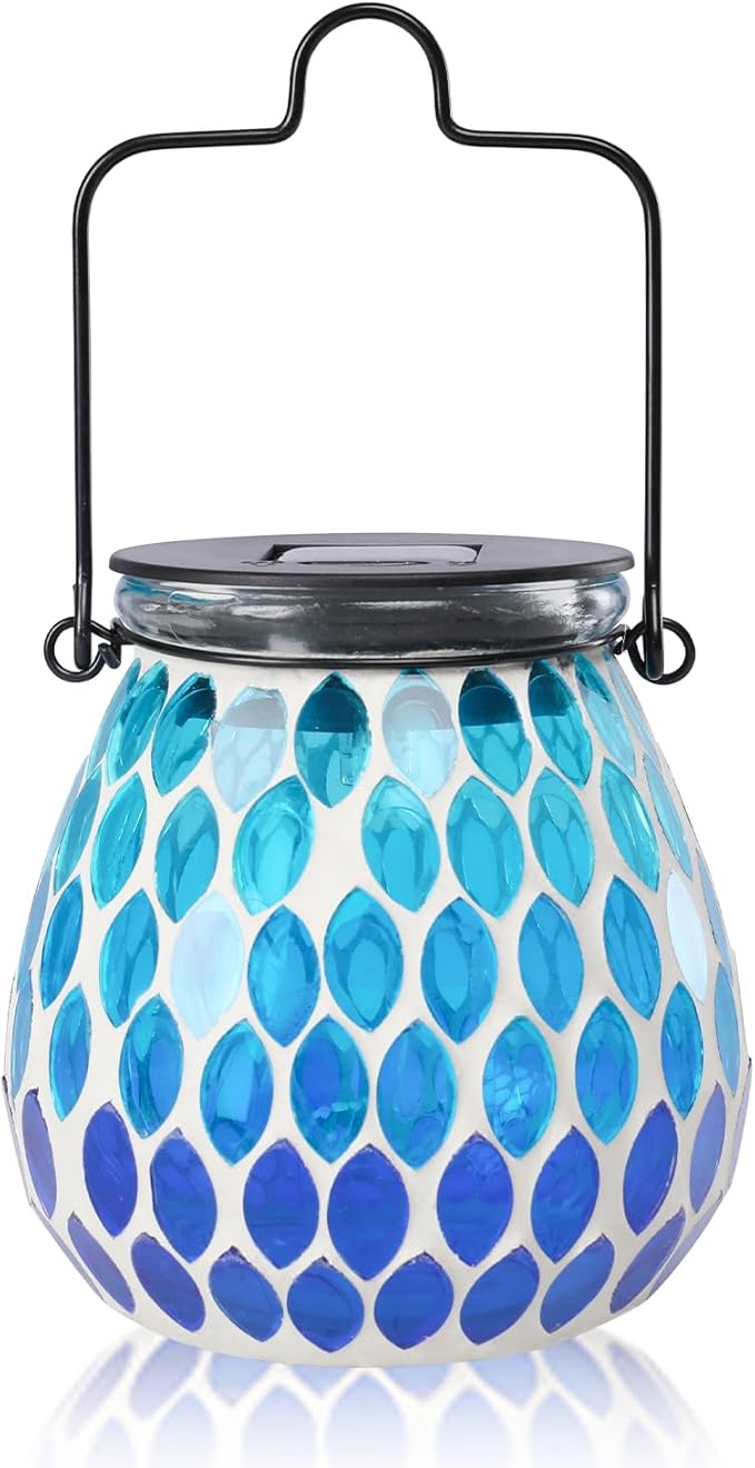 Bshine Mosaic Solar Lantern Outdoor Hanging Waterproof, Blue Mosaic Light Indoor Decorative Table, Garden Decor for Yard Outside, Path, Courtyard, Lawn, Birthday Gift for Mom Women Gardening, Antique