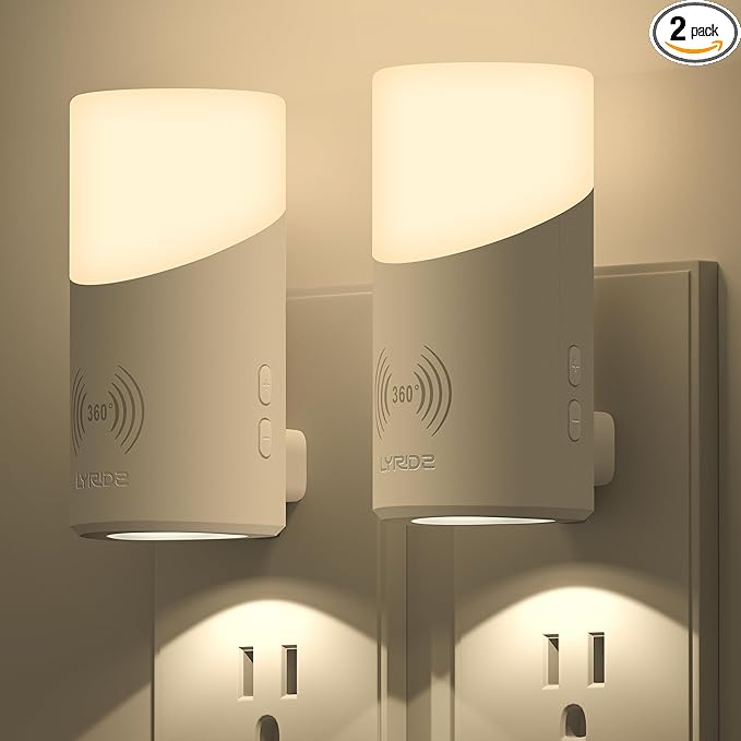 Lyridz LED Plug-in Night Light with 360° Motion Sensor, 1-150 Lumens Dimmable Nightlights Indoor for Bathroom, Bedroom, Hallway, Stairs, Pet House, 2 Pack