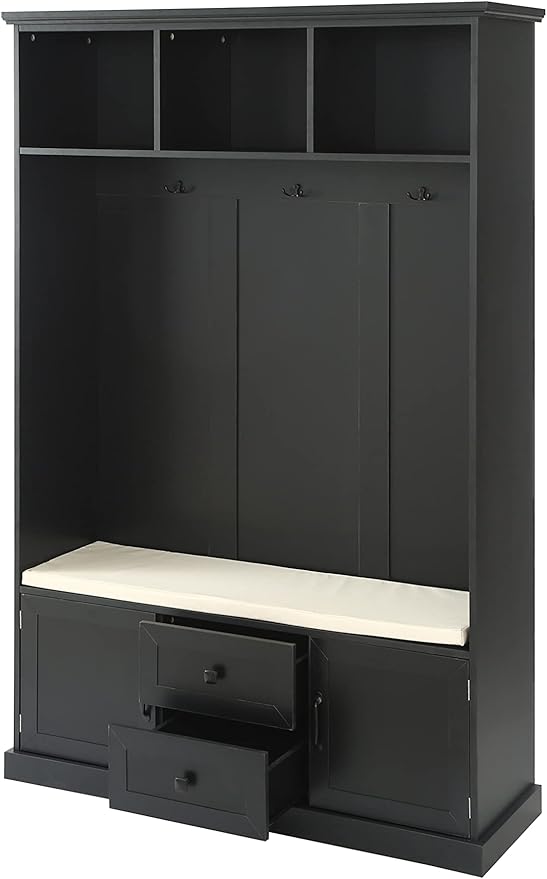 RUNNA Delicate 3-in-1 Hall Tree with 2 Cabinet and 2 Drawers,3 Open Shelves and 3 Hooks,Coat Hanger and Storage Bench,for Livingroom Hallway Entryway Use (Black#H-)