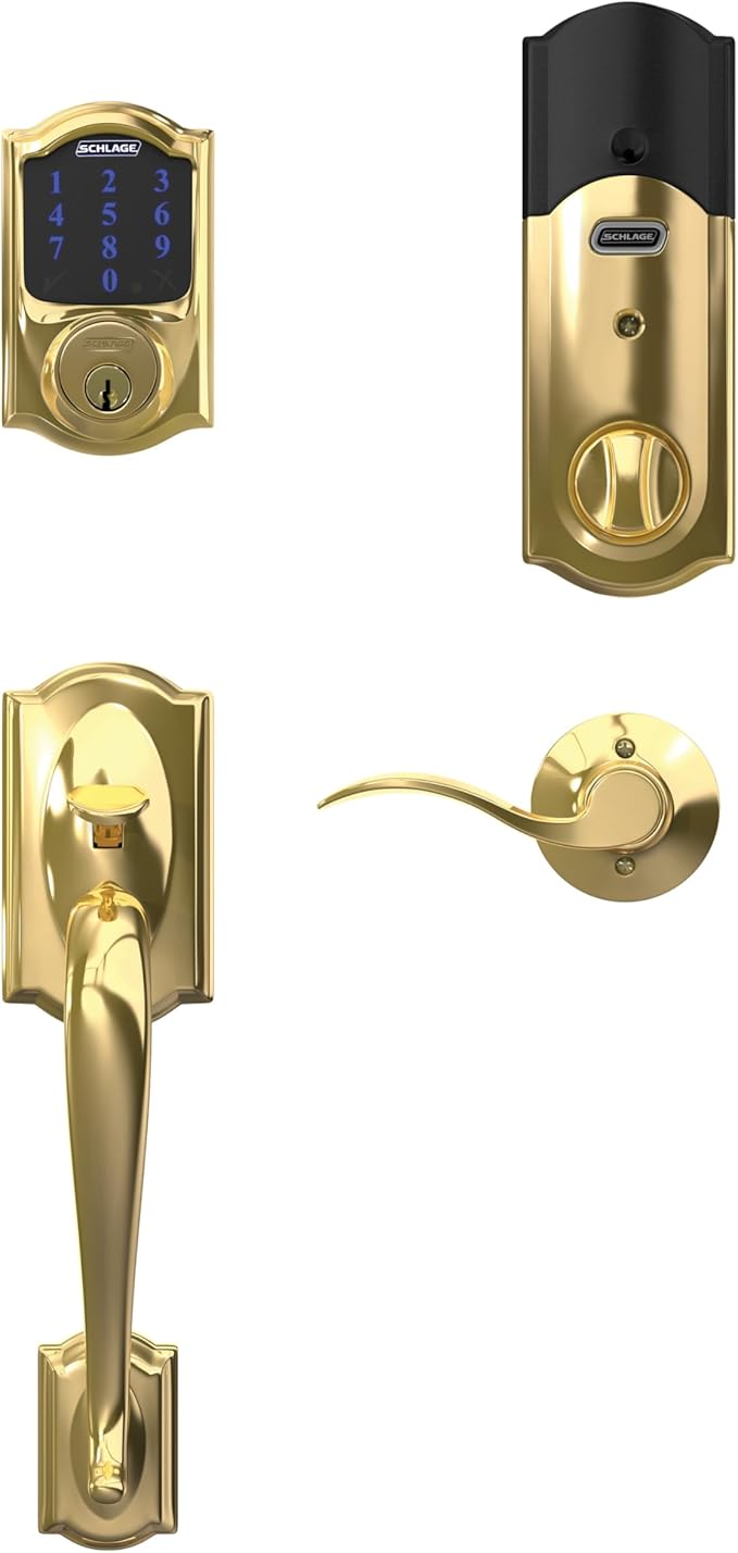 SCHLAGE BE469ZP CAM 605 Connect Smart Deadbolt With Alarm Inbuilt Camelot Trim In Bright Brass