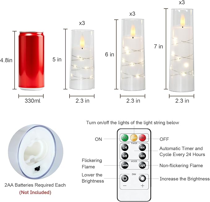 Raycare Flameless Candle with Remote Timer – 9 Flickering Acrylic Battery Operated LED Pillar Candles with Embedded Star String for Valentine's Day, Home Decor, and as a Gift (White)