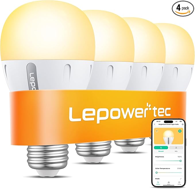 LEPOWER-TEC Smart Light Bulbs, Smart Bulb Compatible with Alexa/Google Assistant Only, Dimmable LED Light Bulbs BT/2.4G WiFi Bulbs, 900LM, A19 E26 (Dimmable Soft White, 4 Pack)