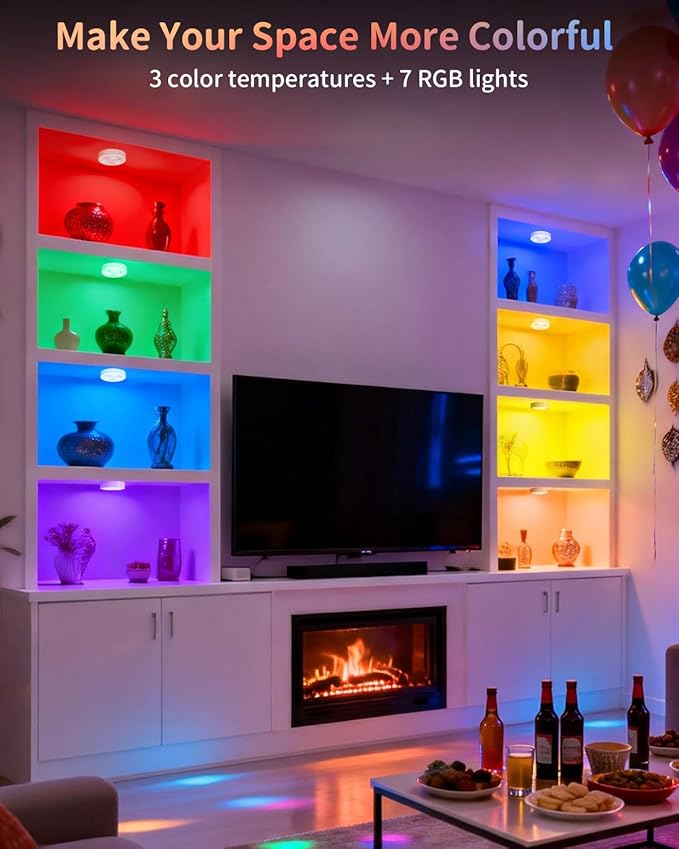 2-Pack Puck Lights with Remote, 1800mAh Rechargeable Under Cabinet Lighting, 3 Color Temps & 7 RGB Colors, Long-Lasting Dimmable Stick-On Lights for Cabinet, Kitchen, Shelf, Party