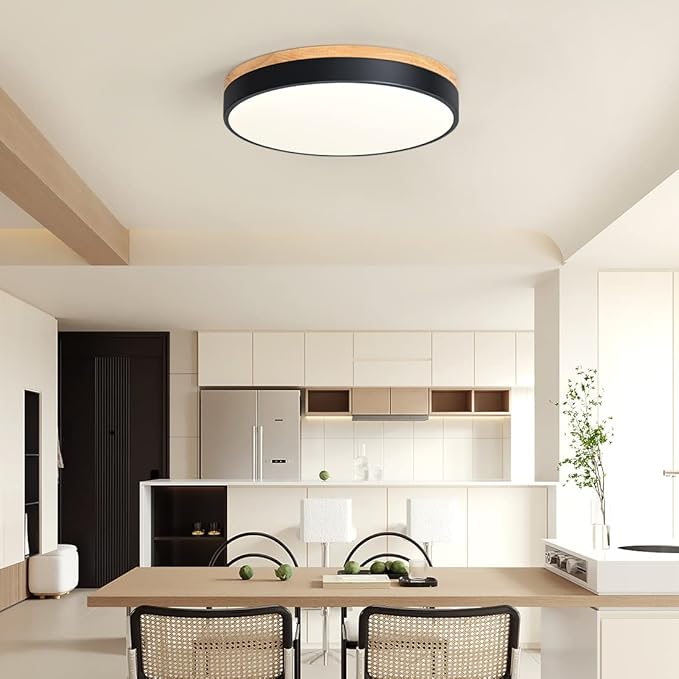 Modern Wood Flush Mount Ceiling Light, Black LED 5CCT 2700K-6000K Dimmable Ceiling Light Fixtures, Round Close to Lighting Fixture for Kitchen Living Room Dining Room Bedroom-15.8in