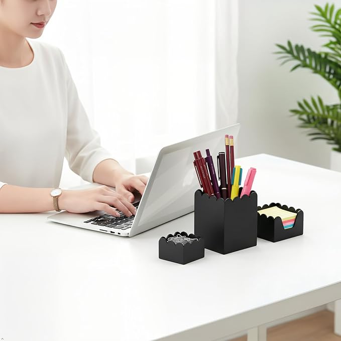 YAGELI Black Acrylic Desk Organizer Set of 3, Magnetic Modular Pen Holder with Sticky Notes & Paperclip Tray, Aesthetic Desk Accessories for Home Office & Minimalist Decor