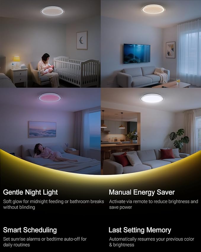 1-Pack, 16 inch Smart LED Music Ceiling Light with Bluetooth Speaker, Compatible with Alexa & Google Home, Color Changing RGB Dimmable Light for Living Room, Bedroom, Kitchen