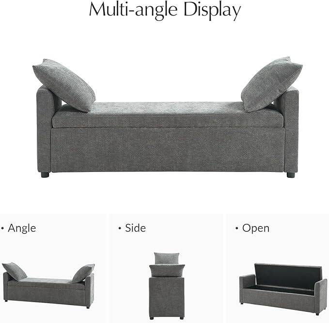 59.5" Modern Storage Ottoman Bedroom Bench, End of Bed Bench with Arms and Throw Pillows, Footrest Stool for Living, Dining Room, Entryway and Hallway, Charcoal