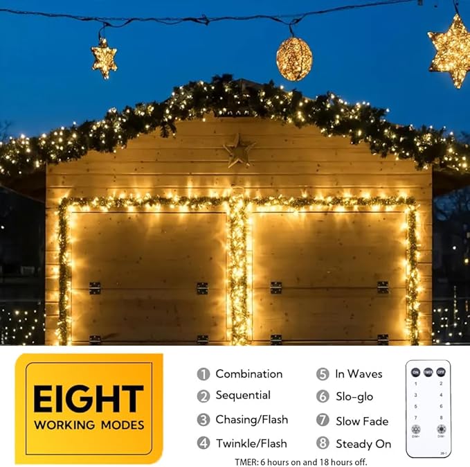 200LED Christmas String Lights, 66FT Hanging Fairy Light with 200 Bulbs Warm White 8 Lighting Modes Waterproof Green Wire for for Bedroom Classroom Patio Wedding Garden Décor