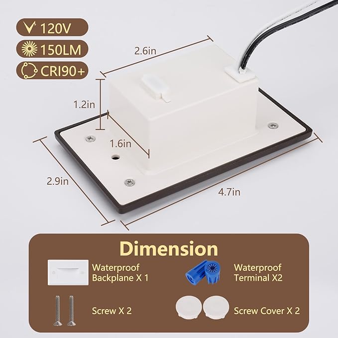 120V Dimmable 3CCT Step Lights,Stair Outdoor,Zinc Alloy/Aluminum Cover, 2.5W 150LM IP65 Waterproof LED Stair Lights, 2700K/3500K/5000K, CRI90, Beam Angle 30°, Brown 6/Pack (Brown)