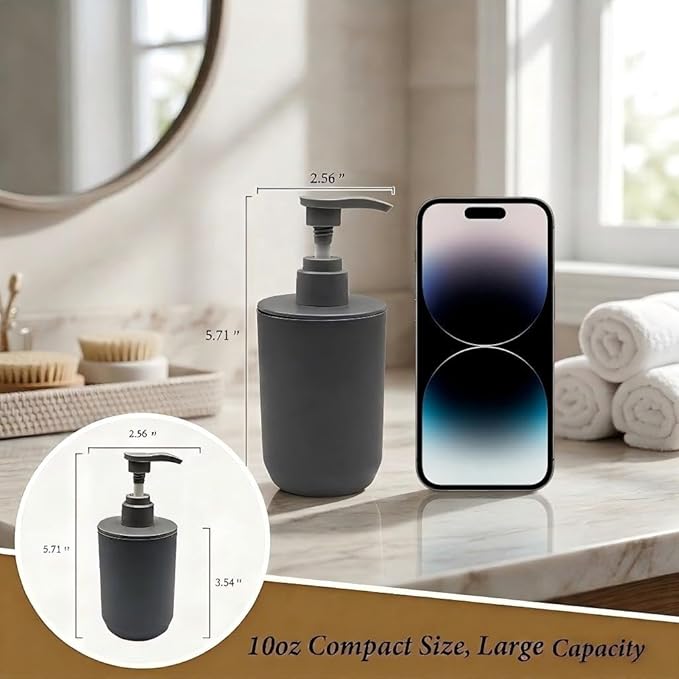 4-Piece Bathroom Accessory Set, Dark Gray Plastic Home Organizer with Toothbrush Holder, Lotion Soap Dispenser, Qtip Holder & Vanity Tray – Modern Home Decor for Any Bathroom