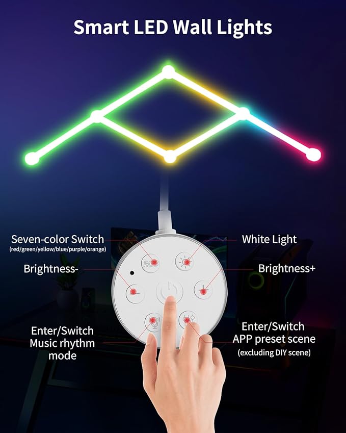Smart LED Wall Lights, Music Sync Voice Control DIY RGB Light Bar with 16M+ Color & 44+ Scenes, Dimmable Home Decor Wi-Fi Wall Light for Gaming Room TV Bedroom (6 Lines)