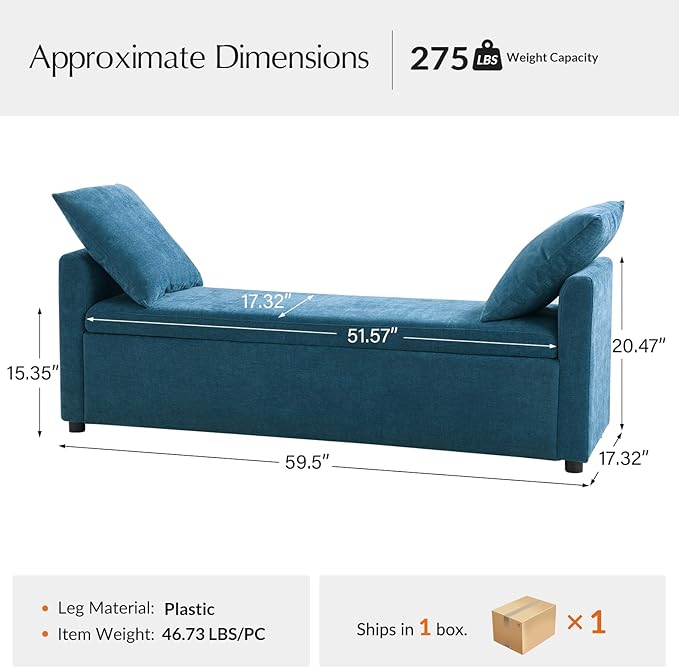 59.5" Modern Storage Ottoman Bedroom Bench, End of Bed Benches with Arms and Throw Pillows, Footrest Stool for Living, Dining Room, Entryway and Hallway, Teal