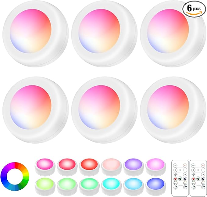LED Puck Lights with Remote Control, Wireless Under Cabinet Lighting,Color Changing Lights with Dimmer and Timer, AAA Battery Operated Powered Push Night Lights (6 Pack White)