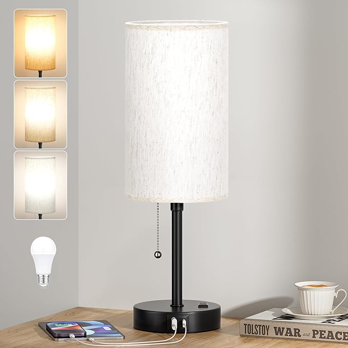 Pull Chain Table Lamp for Bedroom - 3 Color Temperatures, USB A + C Charging, AC Outlet, 17.4 inch Tall Bedside Lamp with E26 LED Bulb