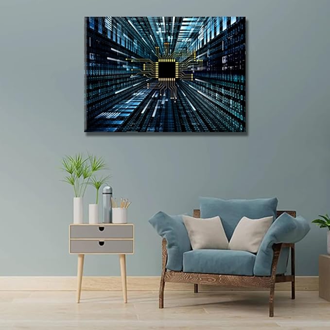 CPU Concept Wall Decorations for Living Room Canvas Wall Art Digital Circuit and Number Graphics House Decor Digital Age Modern Office Wall Painting Framed Wall Art for Home Bedroom 20X28 INCH