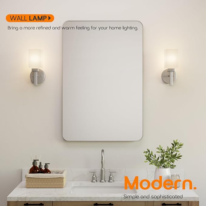 Bathroom Light Fixture Brushed Nickel Vanity Lighting with White Frosted Glass Shade, Wall Lamp for Mirror Kitchen Bedroom Living Room Porch T002BR-L1