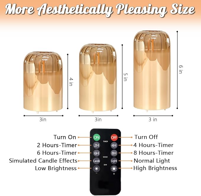 3Pcs LED Candle Set Rechargeable with Remote Control,Gold Glass Flameless Candles,Candle Lights for Home Decor, Bedroom, Bathroom Accessories，Pumpkin Fake Candles for Halloween