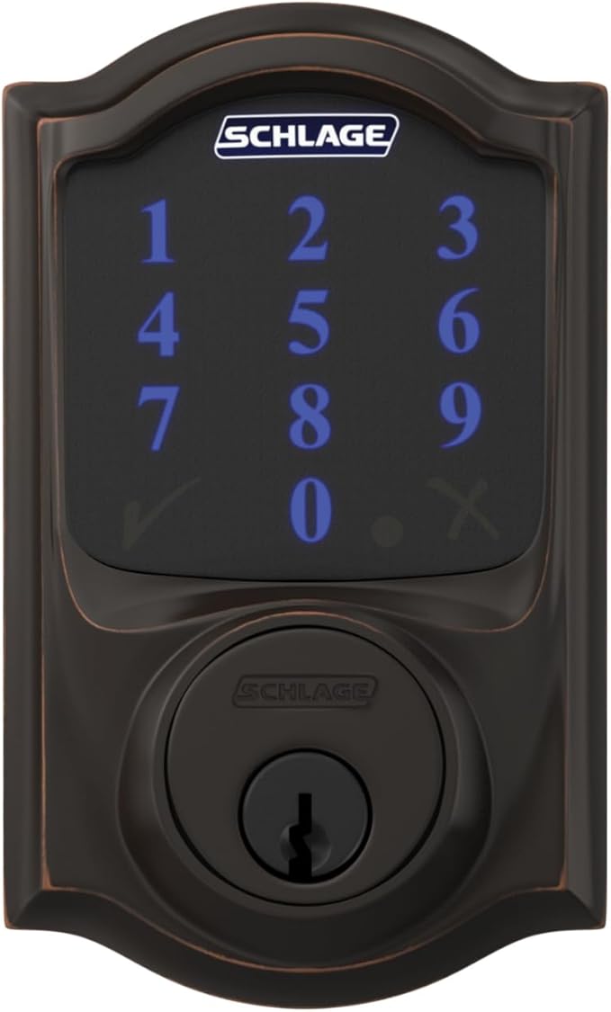 SCHLAGE BE469ZP CAM 716 SCHLAGE Connect Smart Deadbolt With Alarm Inbuilt Camelot Trim In Aged Bronze.