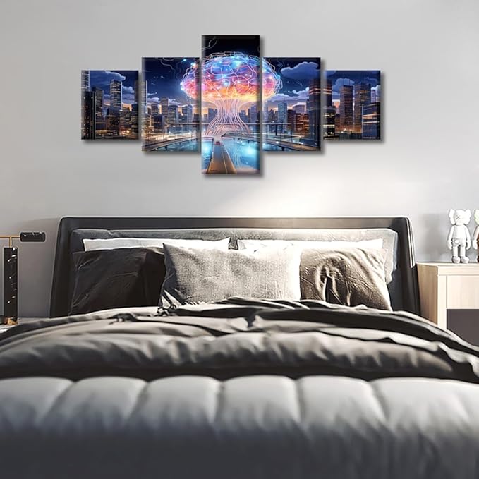 Human Brain Energy Canvas Wall Art City Smart Brain Posters & Prints Artwork Brain Contemporary Home Decor Stretched Canvas Picture for Living Room Bedroom Home Office Decor (50" Wx24 H)