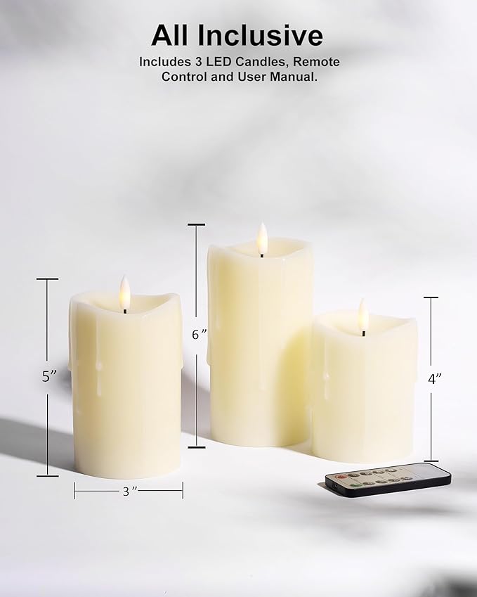 Ivory Flameless Candles with Remote and Timer, Real Wax Made Wax Drip LED Pillar Candles Battery Operated with 3D Flickering Flame Melted Top - 3" x 4",5",6" - Set of 3