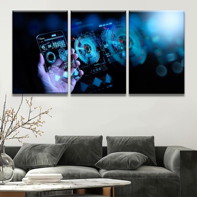 LSIUHWUWI 3 Panel Canvas Wall Art Modern Canvas Prints Art Wireless Mobile Internet Technology 5G LTE Data Connection Pictures Posters, Wall Art Wooden Framed Ready to Hang, 16x24inchx3