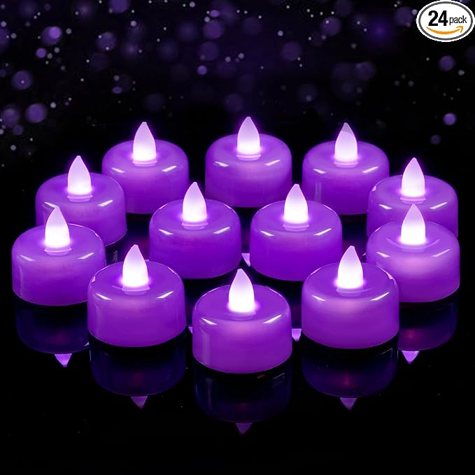 Amagic 24 Pack Purple Flameless LED Tea Lights Candles Battery Operated, Electric Fake Tealight Candles for Party, Wedding, Table Centerpiece, Home Decor, Mardi Gras, Halloween, Christmas, Proposal