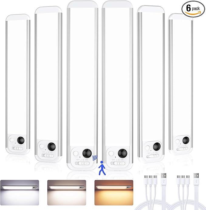 8.5" Under Cabinet Lighting 6 Pack, 3 Colors, Motion Sensor Light Indoor,48 LED Rechargeable Closet Lights, Dimmable Under Counter Lights, Stick-On Magnetic Cabinet Night Lights for Kitchen