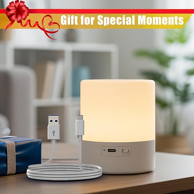 Small Touch Cordless Bedside Table Lamp Rechargeable Dimmable Nightstand Lamp for Bedroom Portable Night Light for Kids LED Lamp with Warm White Lights for Living Room Home Gifts (White)