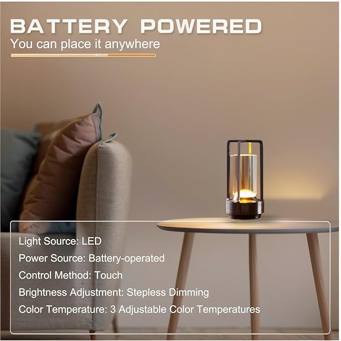 Small Table Lamp, Rechargeable Cordless Battery Operated LED Lamp, 3-Color Temperatures Dimmable Nightstand Lamp for Living Room, Bedroom, Outdoor Battery Powered Portable Touch Lamp (Grey)