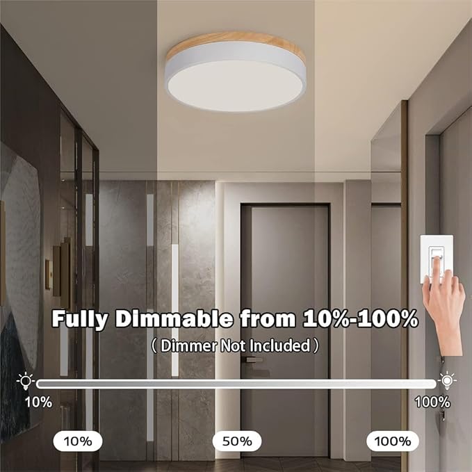Modern Wood Flush Mount Ceiling Light, White LED 5CCT 2700K-6000K Dimmable Ceiling Light Fixtures, Round Close to Lighting Fixture for Kitchen Entryway Hallway Bedroom Laundry Room-11.8in