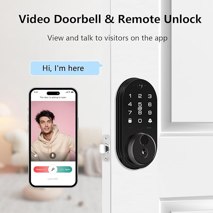 Smart Lock with Camera, Fingerprint Keyless Entry Deadbolt Lock, Built-in WiFi, Video Doorbell, Touchscreen Keypad, 2-Way Audio, Tuya APP, Waterproof, 8 AA Batteries, for Front Door