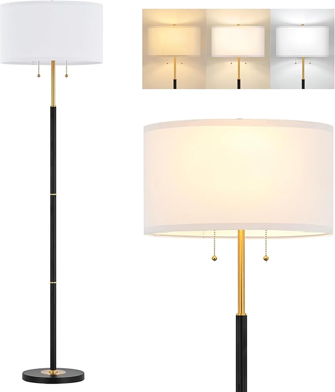 ELYONA 2-Light Floor Lamp Modern Reading Standing Light 3 Color Temperatures LED Bulbs Include White Fabric Shade Vintage Tall Pole Corner Lamp for Bedroom Living Room Office, Black & Brushed Gold