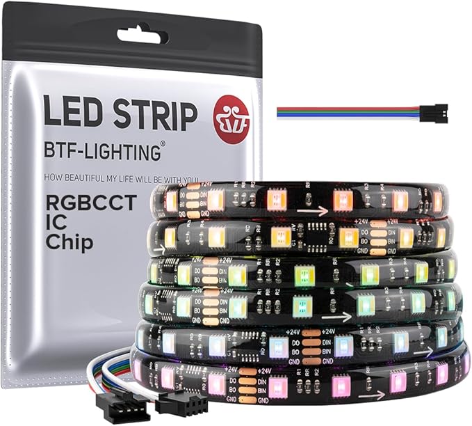 BTF-LIGHTING WS2805 IC RGBCCT Addressable Dual Data LED Strip 5050SMD 16.4FT 60LED/m 10Pixel/m 5 Colors in 1 Chasing Color RGB+CCT 3000K-6500K Lights Strip IP65 DC24V(No Adapter or Controller)