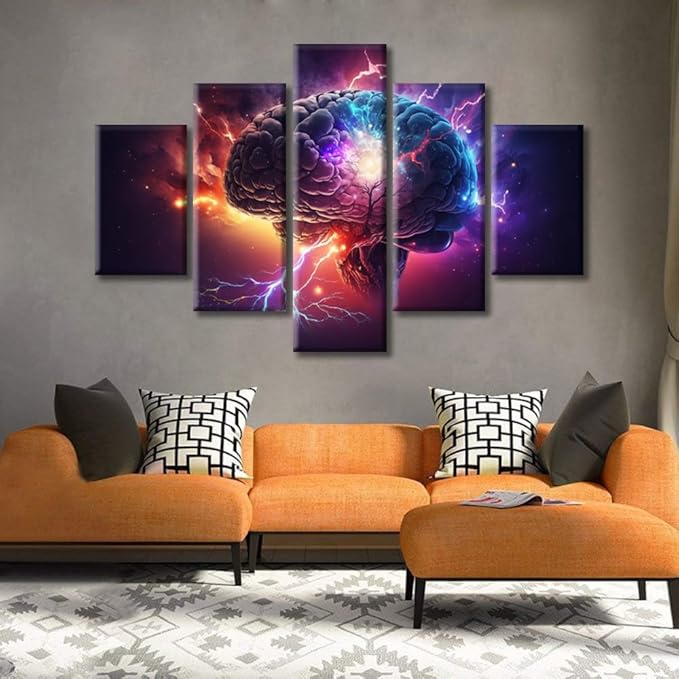 Canvas Wall Art Brain Power Lightning Wall Art for Bedroom Abstract Brain Wall Decor Art Paintings 5 Pieces Neuronal Impulses Modern Giclee Artwork for Office Home Decor Ready to Hang (60"Wx40"H)