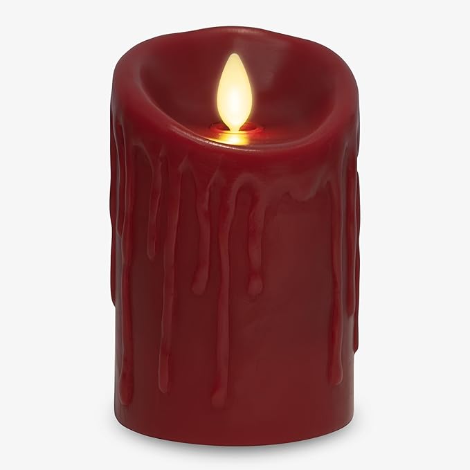 Luminara Wax Drip Flameless LED Candle, Burgundy 3" x 4.5", Timer Function, Real Wax Pillar, Battery Operated Unscented Safe, Long-Lasting