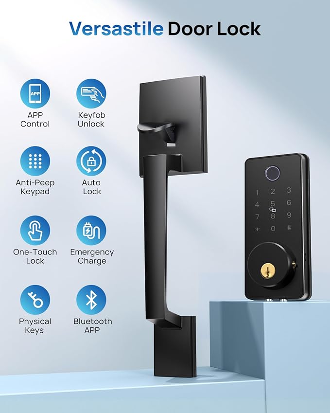 WiFi Front Door Lock Set - Fingerprint Smart Locks Handle Set Keyless Entry APP Smart Control with 2 Lever Handles Auto Lock Electronic Keypad Deadbolt for House Apartment