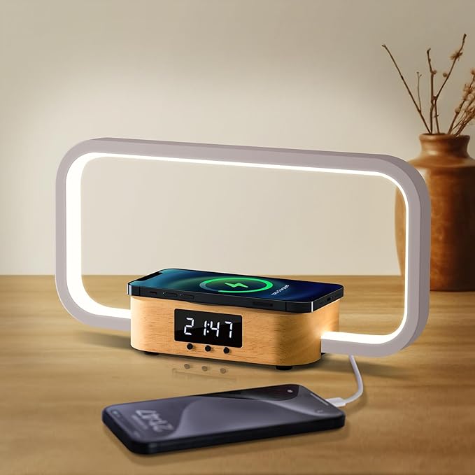 Bedside Lamp with Wireless Charger & USB Port – Touch Control Nightstand Table Lamps, RGB Color Changing, Stepless dimming, 7 Color, Modern LED Desk Lamp with Clock for Bedroom, Gifts for Women, Men