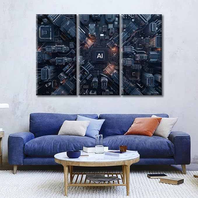 3 Pieces CPU Concept Wall Decor Painting Canvas Wall Art AI Advanced Circuitry Posters Modern Home Decor Print for Home Living Room Dining Room Stretched and Framed Ready to Hang (42"Wx28"H)